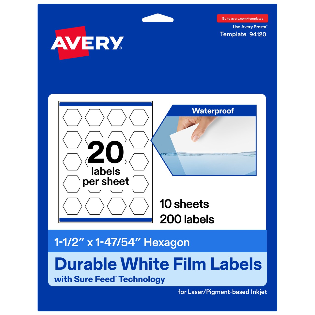 Avery Durable Waterproof Hexagon Labels with Sure Feed, 1-1/2" x 1-47/54"